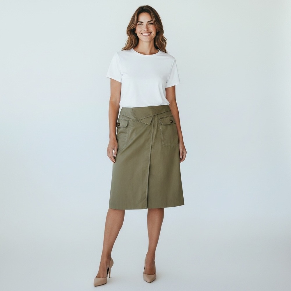 Badgley Mischka Tan Cotton Wrap Front Asymmetrical Skirt Contrast Stitch Size 10